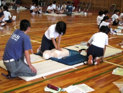 二人で協力して心肺蘇生法を行う様子